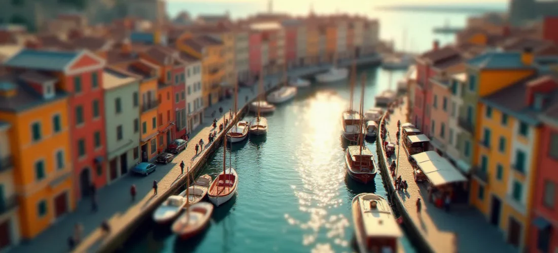 Photo effet maquette d'un port européen vue depuis une hauteur, avec bateaux colorés et piétons qui ressemblent à des figurines de maquette en lumière dorée du matin