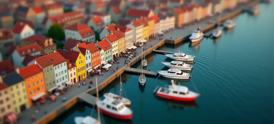 Photo effet miniature d'un port vu en plongée, avec bateaux et piétons miniaturisés par le flou tilt-shift