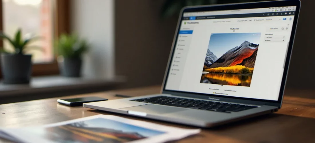 Bureau de photographe avec une photo tirée sur papier mat et un écran affichant la conversion d'une photo en PDF, lumière naturelle douce