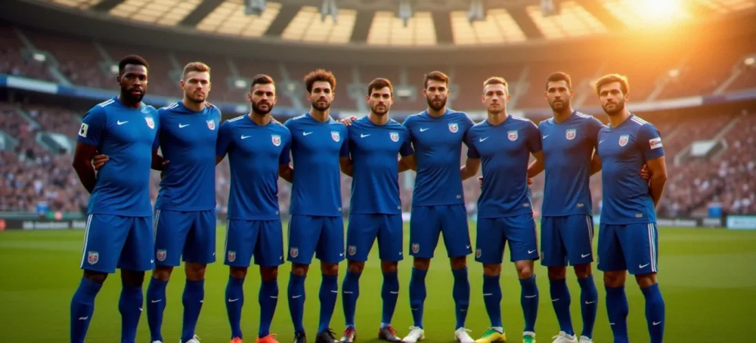 Photo équipe de France 2026 en formation pyramidale sur la pelouse du stade, éclairée par la lumière dorée de fin d'après-midi