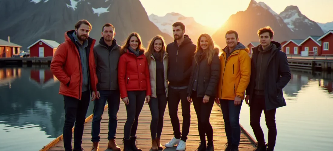 Photo équipe Norvège sur un quai des îles Lofoten au coucher de soleil, avec les rorbu rouges et les montagnes en arrière-plan