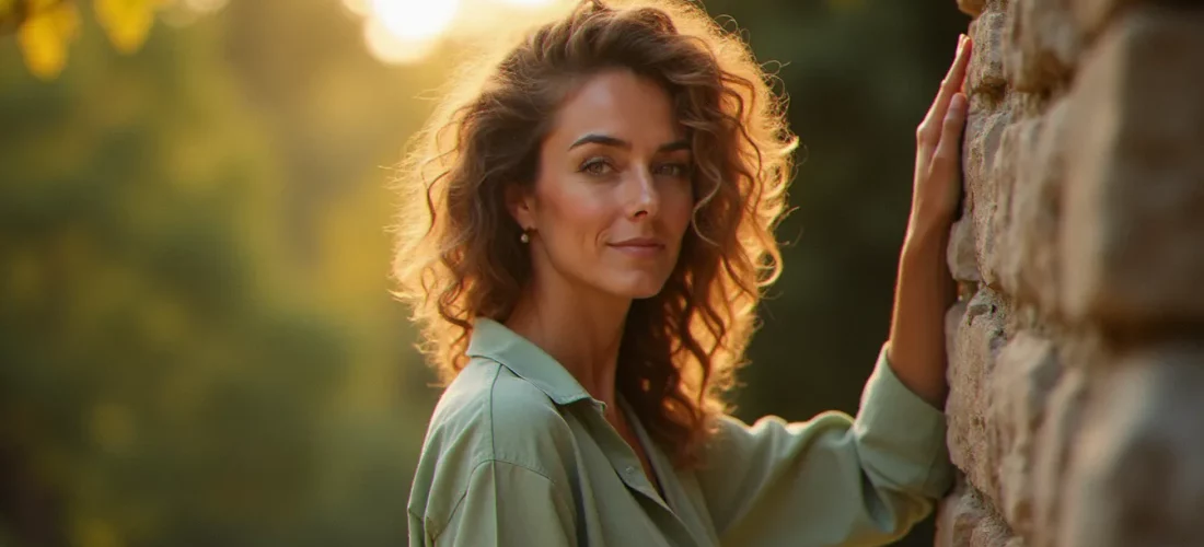 Photo d'une femme naturelle de 40 ans en lumière dorée du soir, regard détaché et expression sereine, portrait en lumière naturelle