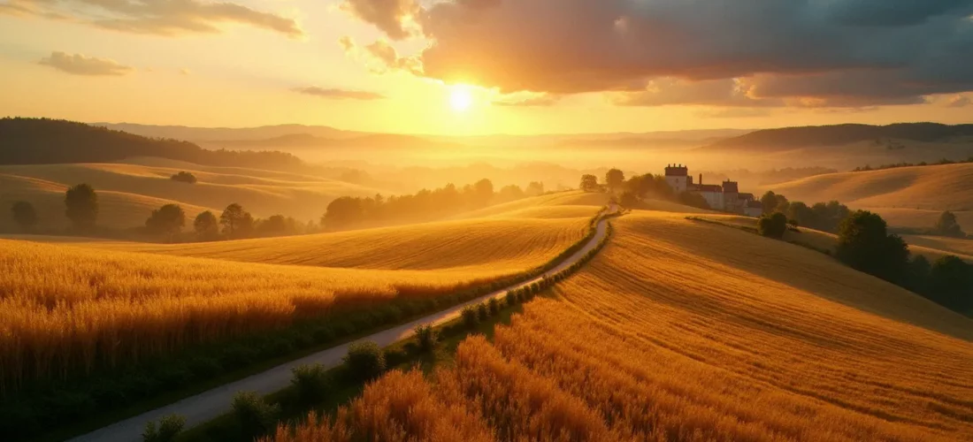 Paysage français photographié en lumière dorée au lever du soleil, illustration de la photo France 2026 dans toute sa diversité rurale