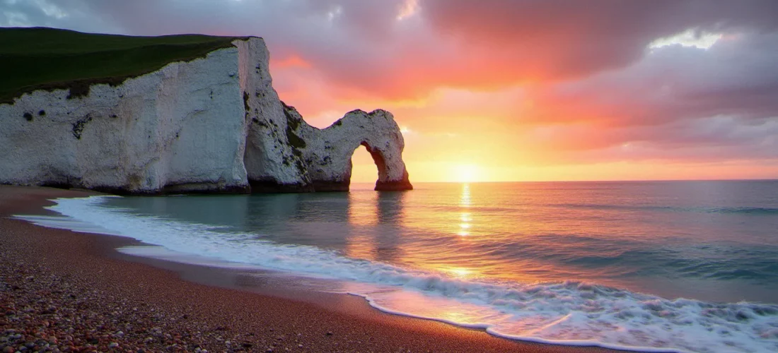 Photo France Angleterre — les falaises d'Étretat au lever du soleil, avec l'arche naturelle de la Porte d'Aval et l'Aiguille en lumière dorée