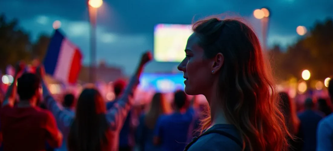 Supporters de l'équipe de France en fan zone la nuit, visages éclairés par l'écran géant lors d'un match CDM, atmosphère émotionnelle de photo France CDM