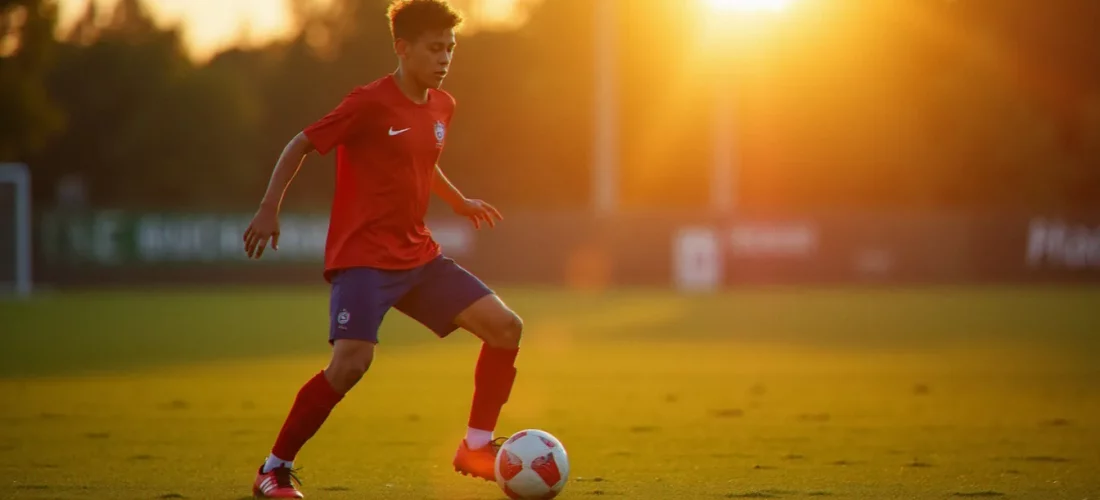 Photo d'un jeune footballeur professionnel en plein dribble sous la lumière dorée du soir, illustrant l'univers photographique autour de la photo France Cherki