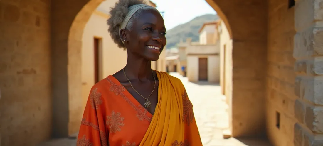 Portrait d'une femme en tenue ivoirienne traditionnelle en tissu wax dans une ruelle en pierre d'un village côtier français, photo France Côte d'Ivoire en lumière dorée naturelle