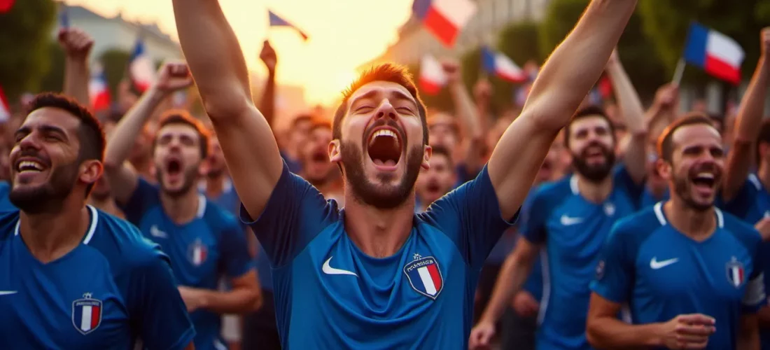 Supporters français en maillot bleu célébrant la victoire de l'équipe de France lors de la Coupe du Monde 2026 sur une place publique, photo France Coupe du Monde 2026 en lumière naturelle dorée