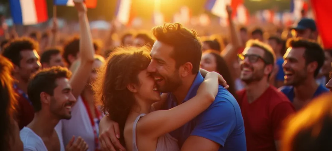 Photo de supporters français en liesse dans une fan zone au coucher du soleil lors d'une Coupe du Monde, visages éclairés par la lumière dorée naturelle de fin de journée