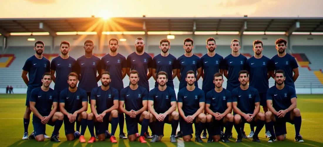 Photo france equipe d'un club sportif posant en plein air lors de l'heure dorée du matin, lumière naturelle rasante, maillots bleus coordonnés