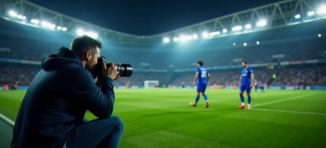 Photographe sportif professionnel en bord de terrain capturant une photo france foot sous les projecteurs du stade lors d'un match nocturne