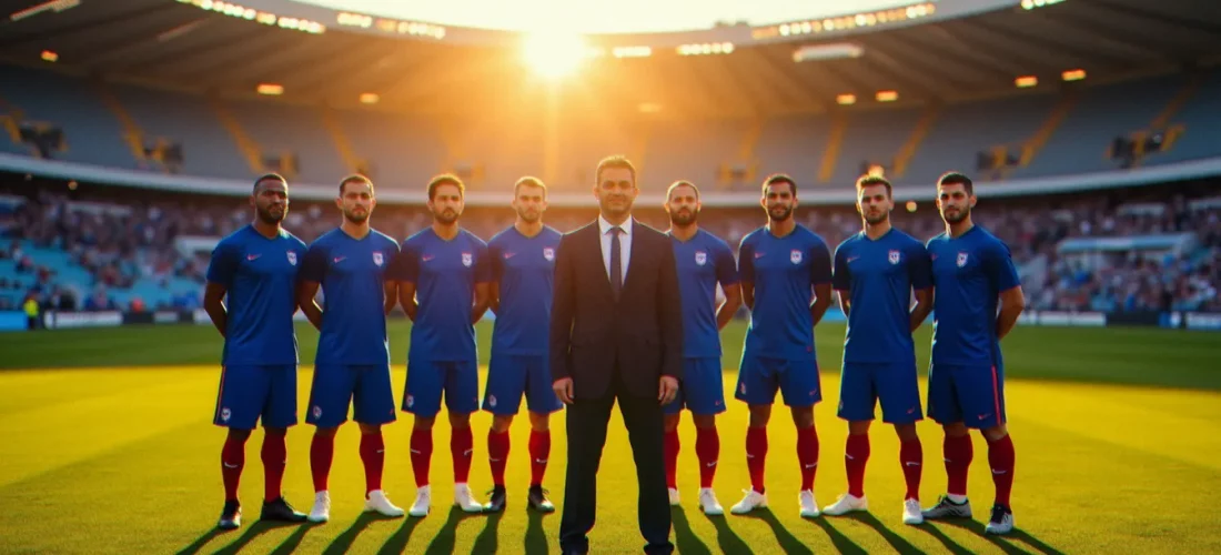 Photo de l'équipe de France de football réunie sur le terrain d'un stade lors d'une séance officielle, illustrant le sujet des photos France foot Macron
