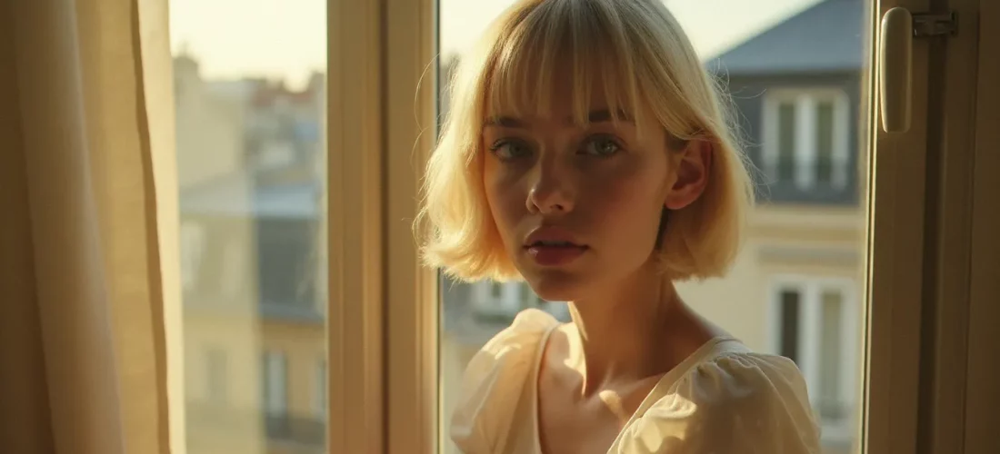 Portrait évoquant l'esthétique des photos de France Gall jeune, jeune femme blonde en lumière naturelle diffuse près d'une fenêtre parisienne, style iconique des années 60