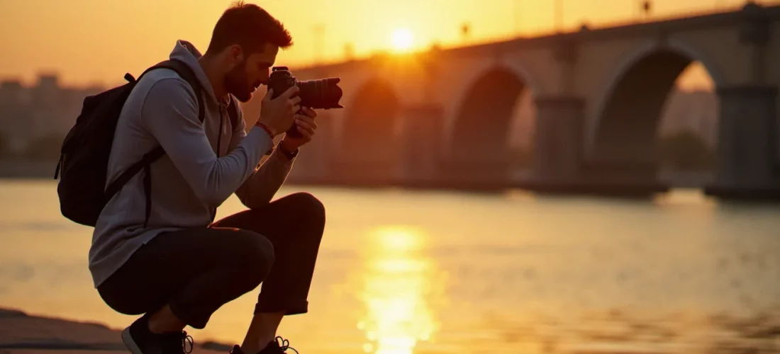 Photographe français au bord du Tigre à Bagdad capturant la lumière dorée du coucher de soleil, photo France Irak en lumière naturelle