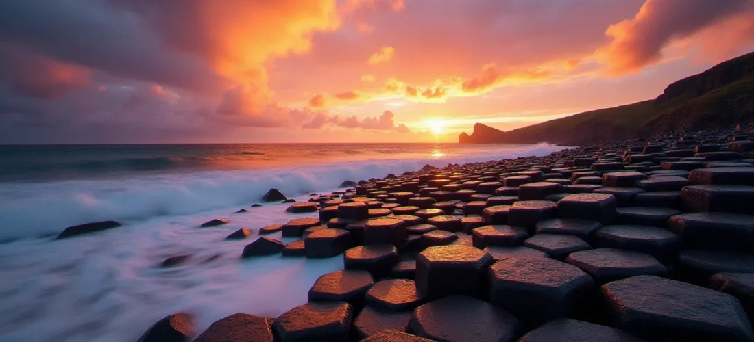 Colonnes de basalte hexagonales du Giant's Causeway en Irlande du Nord illuminées par la lumière dorée du lever du soleil, sujet emblématique de la photo France Irlande du Nord