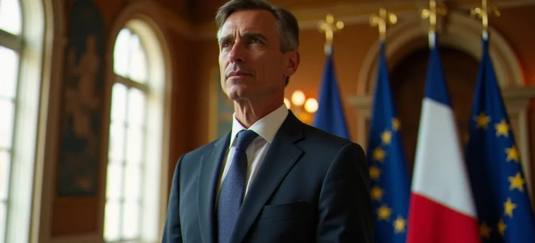 Portrait officiel dans un palais institutionnel français, lumière naturelle chaude traversant de hautes fenêtres, illustrant la photo France Macron et la mise en scène du portrait présidentiel