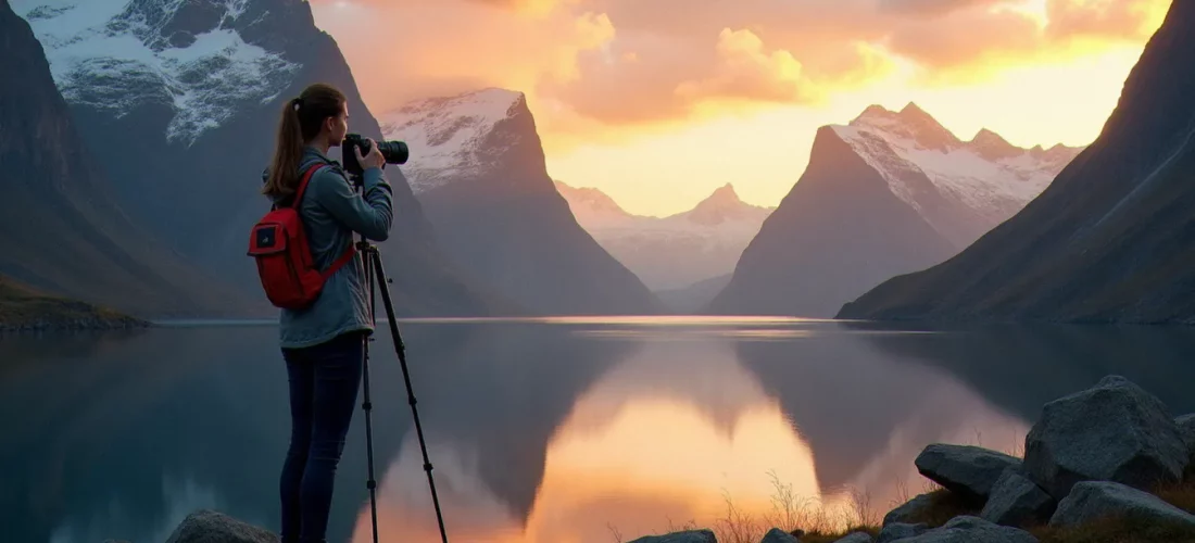Photographe avec trépied au bord d'un fjord norvégien lors de l'heure dorée, montrant les conditions idéales pour la photo France Norvège