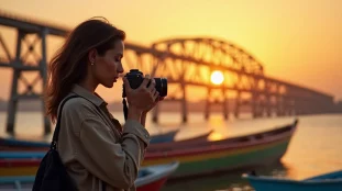 Photographe française capturant la lumière dorée du matin sur le pont Faidherbe et les pirogues de pêcheurs à Saint-Louis du Sénégal, illustration de la photo France Sénégal en lumière naturelle