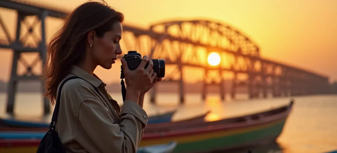 Photographe française capturant la lumière dorée du matin sur le pont Faidherbe et les pirogues de pêcheurs à Saint-Louis du Sénégal, illustration de la photo France Sénégal en lumière naturelle