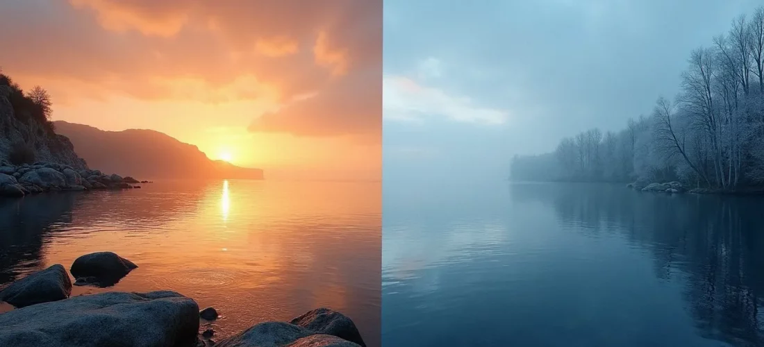 Comparaison de la lumière naturelle en photo France Suède, entre lumière dorée atlantique et heure bleue nordique sur un lac