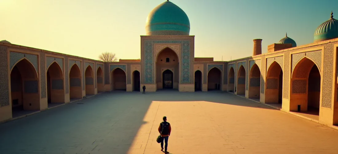 Photographe traversant la cour de la mosquée de l'Imam à Ispahan lors de la photo guide Iran, coupole turquoise illuminée par la lumière dorée