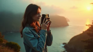 Jeune photographe tenant un appareil Polaroid en contre-jour doré sur une falaise côtière brumeuse, esthétique photo guide Life is Strange avec palette teal et orange