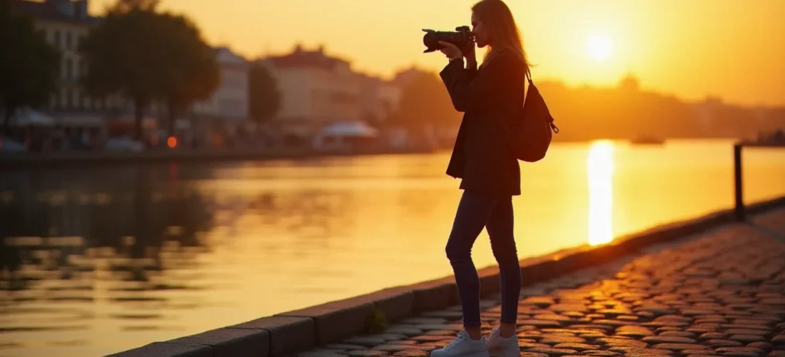 Photographe utilisant un photo guide supreme en lumière naturelle dorée sur un quai au coucher du soleil