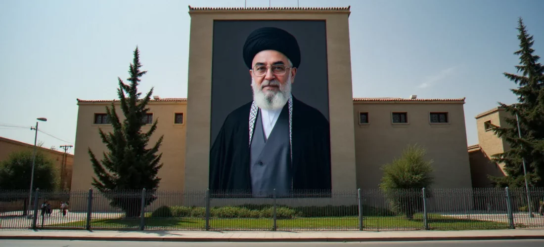 Portrait officiel du guide suprême iranien affiché sur un bâtiment institutionnel, illustrant la photo guide suprême iranien telle qu'elle est diffusée dans l'espace public