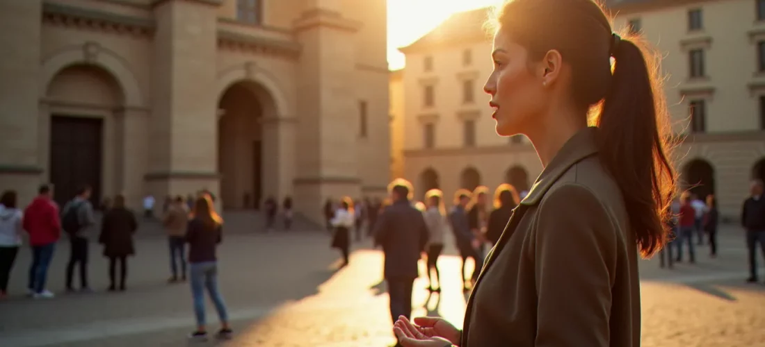 Photo guide touristique d'une femme présentant une cathédrale médiévale à un groupe de visiteurs sous une lumière dorée matinale