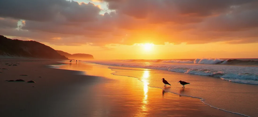 Photographie de la plage de Guidel au lever du soleil, lumière dorée reflétée sur le sable mouillé à l'embouchure de la Laïta
