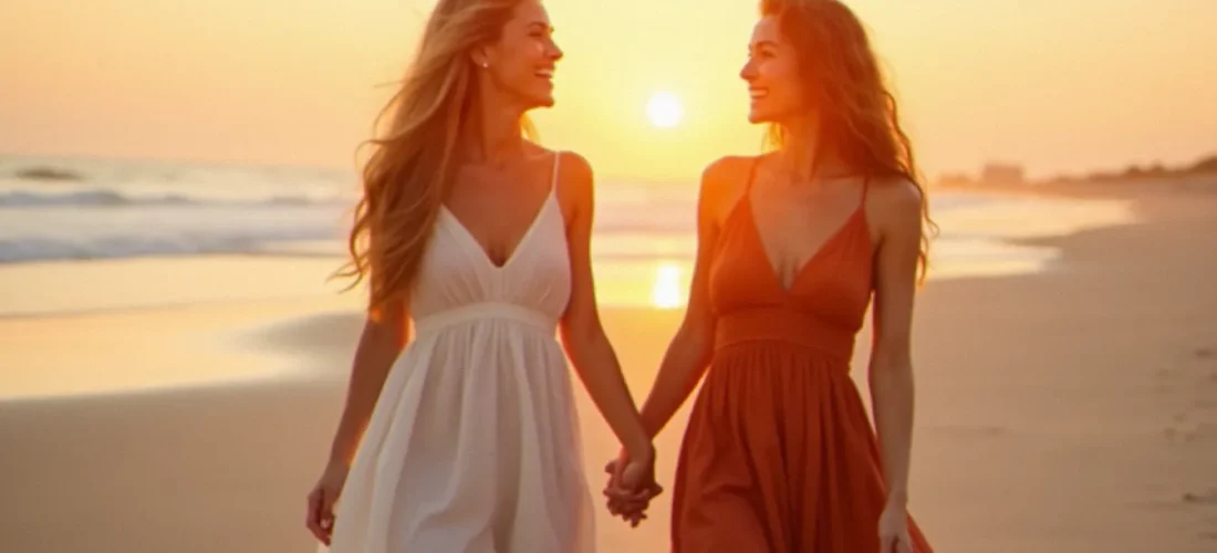 Photo de deux meilleures amies au coucher de soleil sur une plage atlantique, illuminées par la lumière dorée rasante en tenue ivoire et terracotta