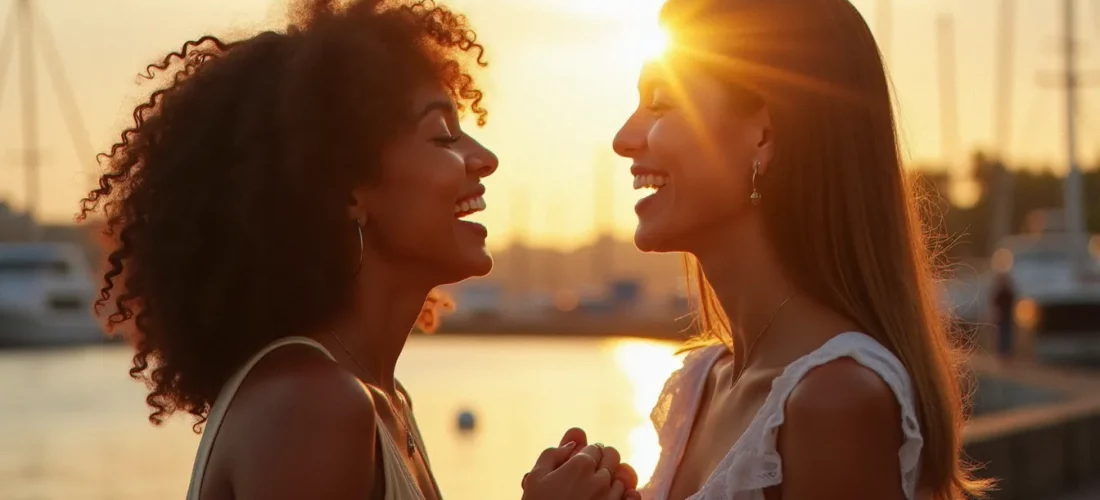 Photo de deux meilleures amies riant ensemble au coucher du soleil sur un quai, lumière dorée naturelle et complicité authentique