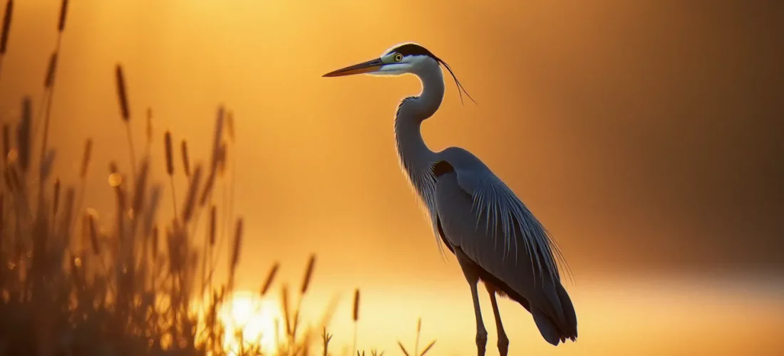 Héron cendré photographié en lumière dorée au bord d'un marais, exemple de photo nature animaux en lumière naturelle rasante