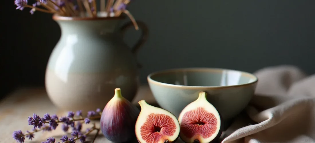 Photo nature morte composée de tiges de lavande séchée, un bol en céramique mate et des figues fraîches coupées sur une table en chêne brut, éclairée à la lumière naturelle d'une fenêtre nord