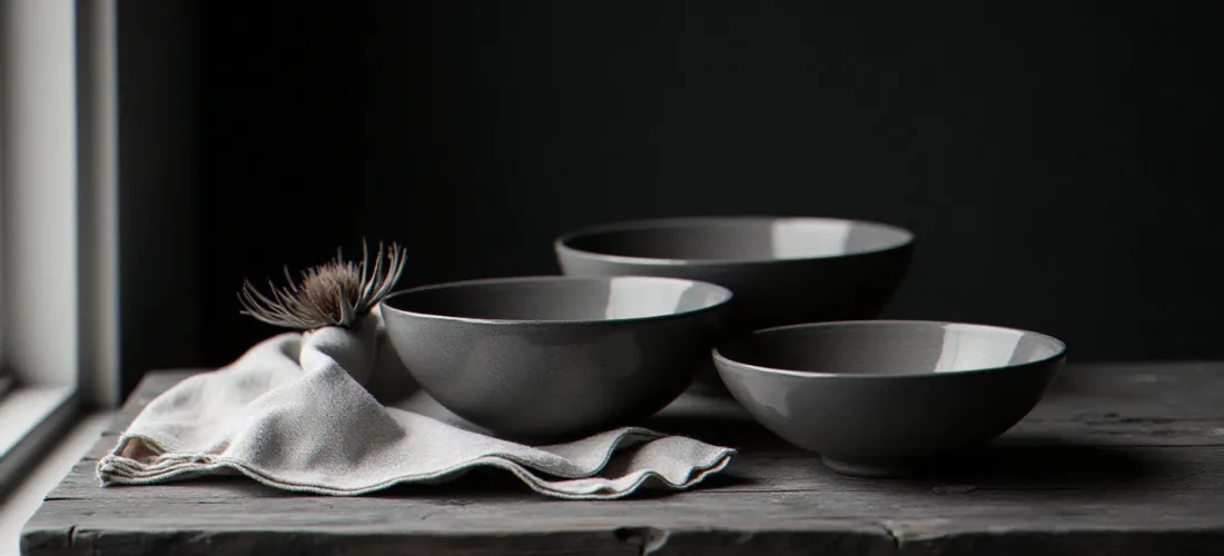 Photo nature morte noir et blanc avec trois bols en céramique, un tissu en lin froissé et un chardon séché sur une table en bois ancien, éclairés par une lumière naturelle latérale.