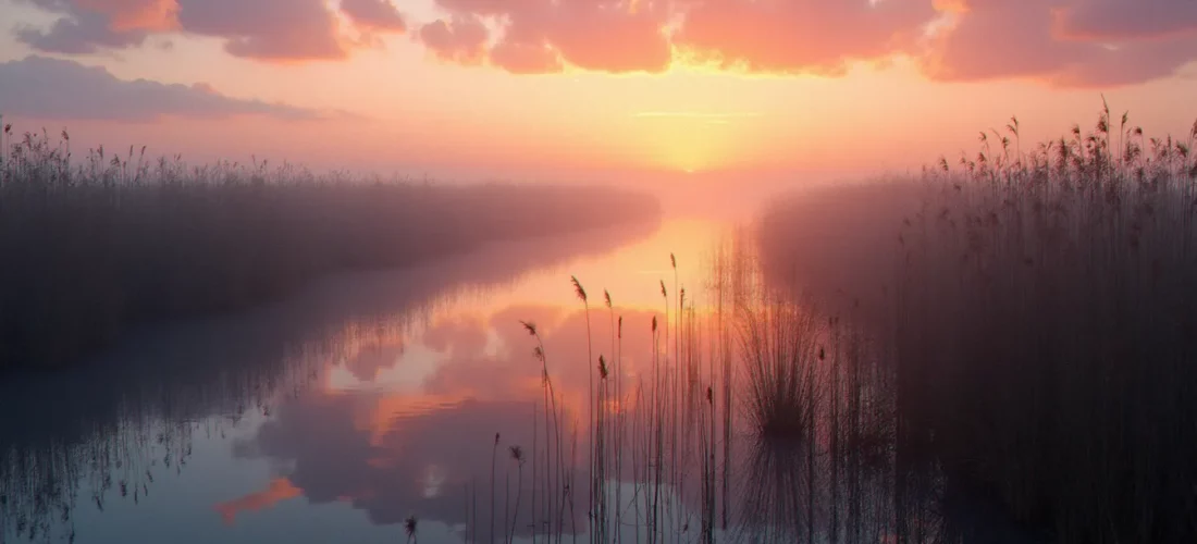 Photo nature paysage d'un marais atlantique au lever du soleil, brume matinale sur l'eau et lumière dorée rasante sur les roseaux