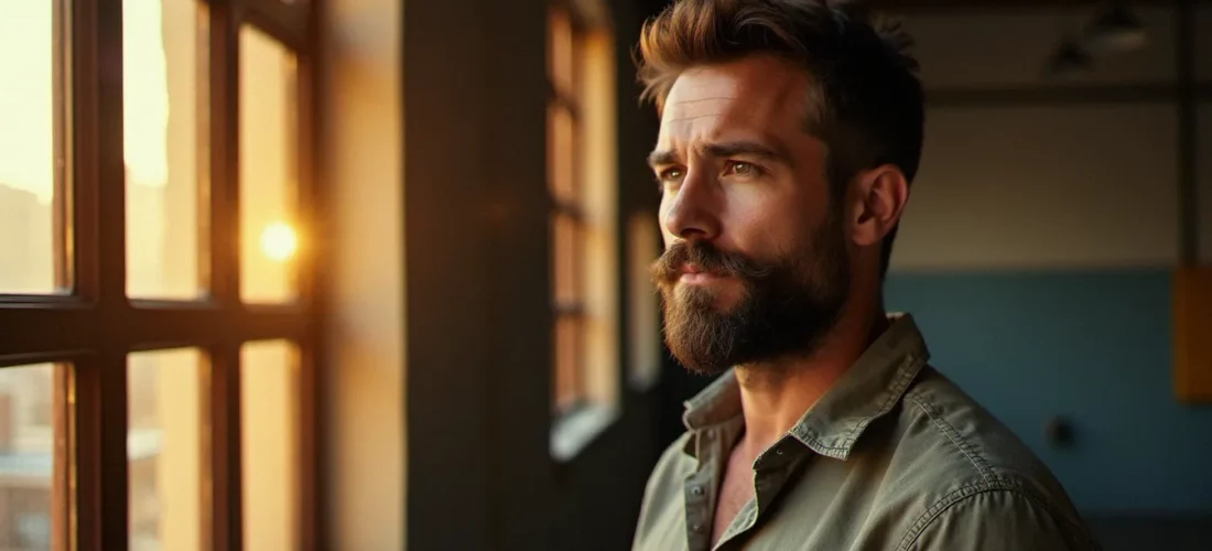 Portrait naturel d'un homme photographié en lumière dorée matinale près d'une fenêtre industrielle, illustrant la technique de photo naturel homme