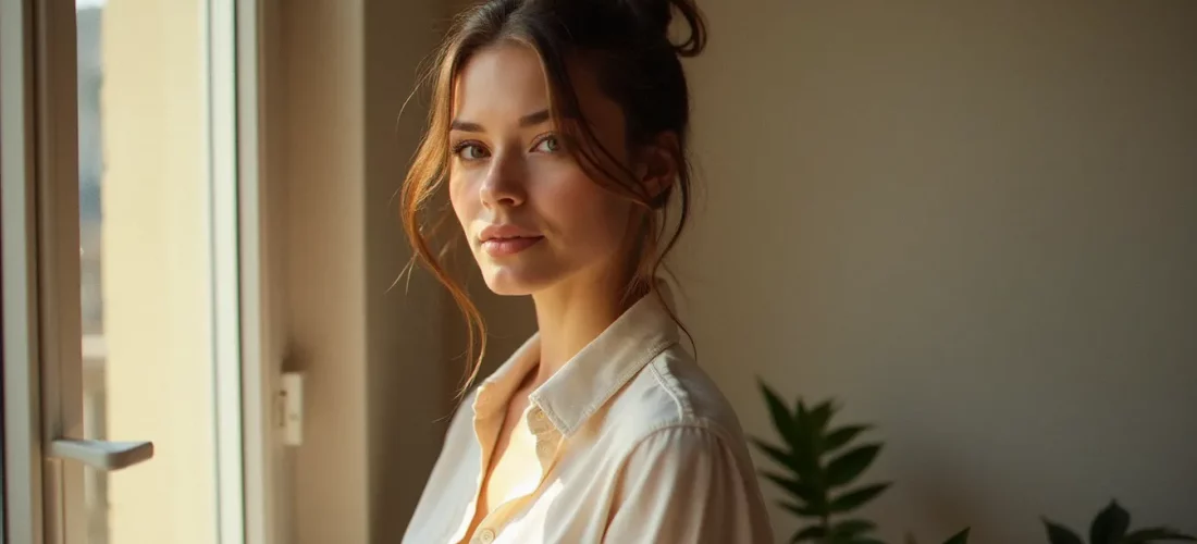 Photo naturelle femme près d'une fenêtre baignée de lumière matinale, regard authentique et expression sereine en lumière ambiante