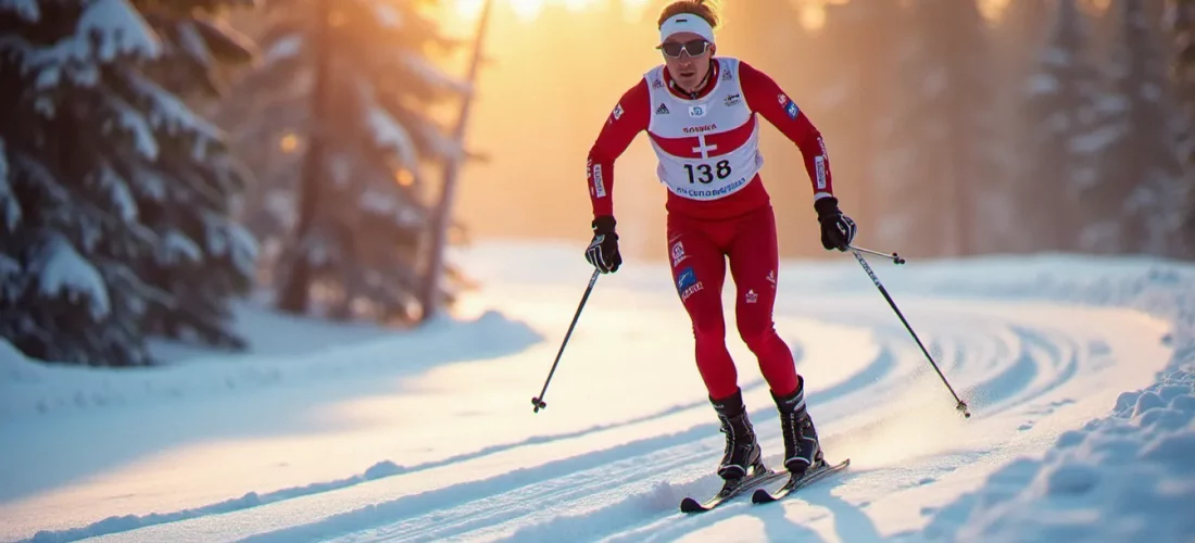 Skieur de fond en combinaison lors d'une étape de Coupe du Monde en Norvège, capturé sous la lumière dorée arctique rasante dans une forêt d'épicéas enneigés