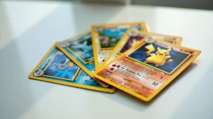 Photo prix carte Pokémon holographique en lumière naturelle sur fond blanc pour estimation de valeur