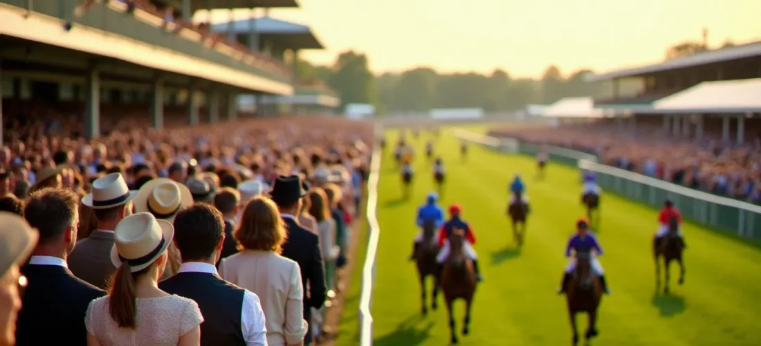 Vue panoramique de l'hippodrome de Chantilly lors du Prix de Diane 2026, avec des spectateurs élégants et des chevaux de pur-sang en plein galop sous la lumière de juin