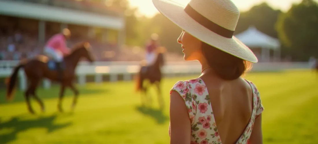Photo Prix de Diane à Chantilly — portrait d'une invitée élégante en chapeau sur la pelouse de l'hippodrome, lumière naturelle dorée de juin en arrière-plan