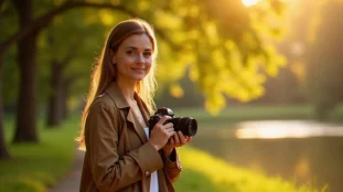 Photographe professionnelle tenant son appareil lors d'une séance photo prix star en lumière naturelle dorée au bord de l'eau