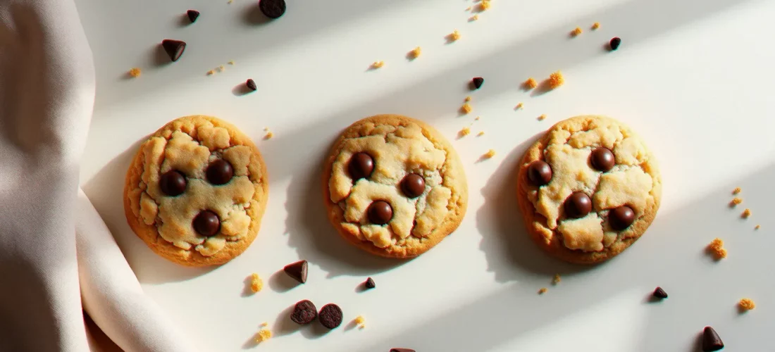 Photo recette cookie vue du dessus sur marbre crème avec lumière naturelle latérale et miettes de biscuit dispersées