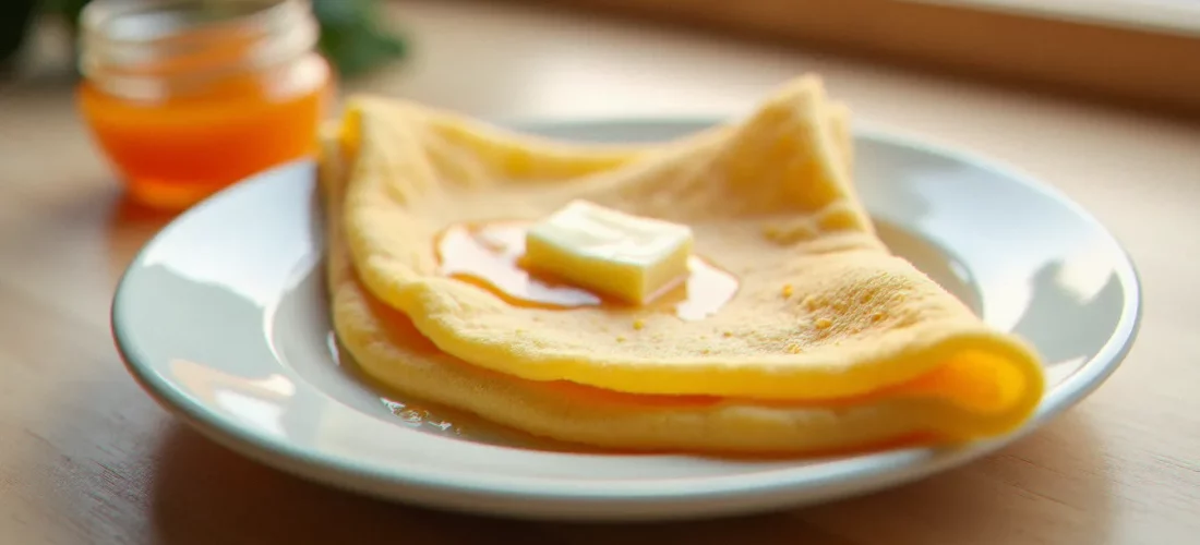 Photo recette crêpe dorée pliée en triangle sur assiette blanche, éclairée en lumière naturelle latérale depuis une fenêtre, avec un pot de confiture en arrière-plan flou
