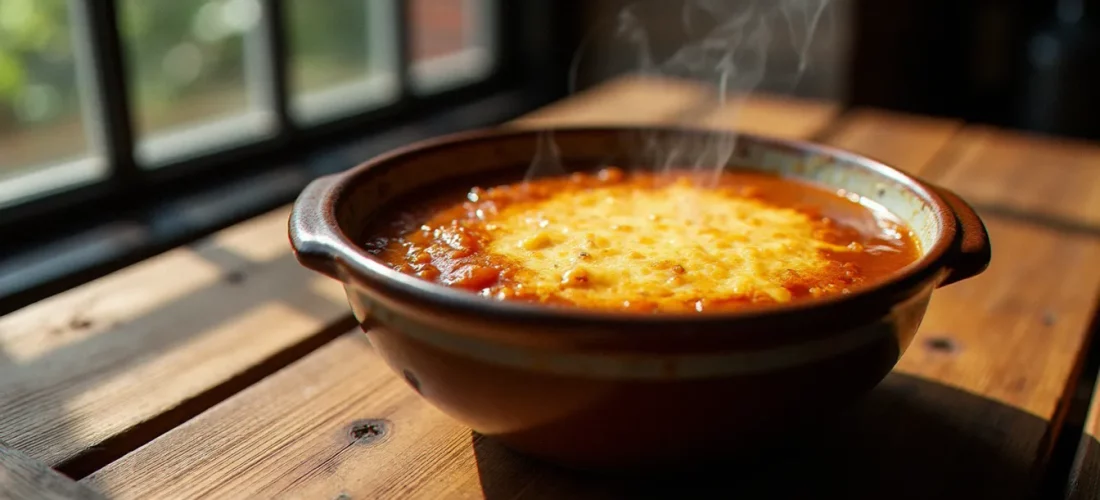 Photo recette cuisine d'une soupe à l'oignon gratinée dans un bol en céramique, éclairée en lumière naturelle latérale depuis une fenêtre, vapeur visible sur fond de bois ancien