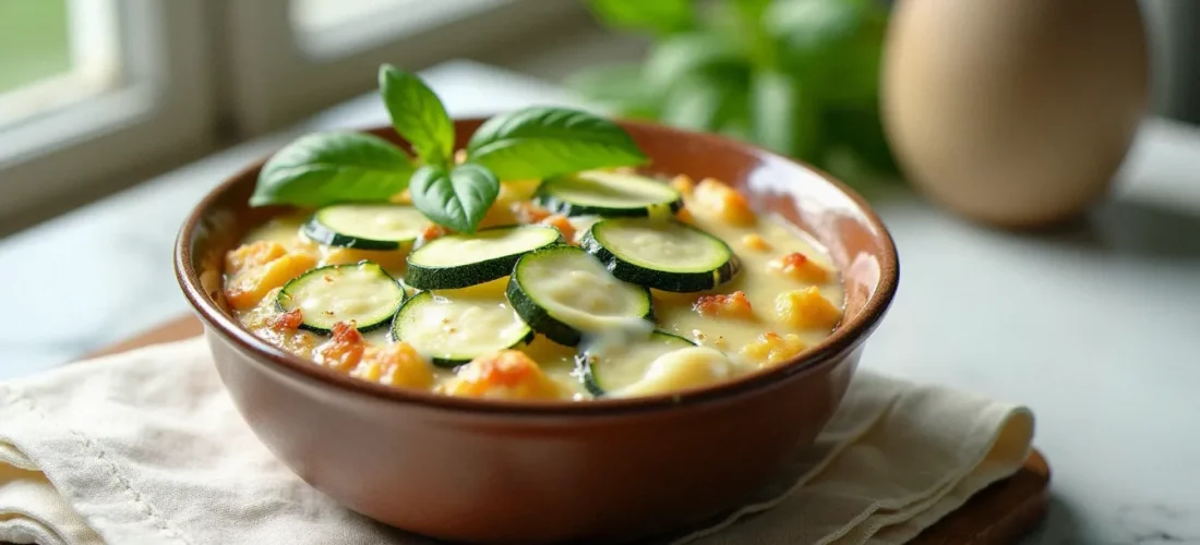 Photo recette de courgette à la crème dans un bol en céramique rustique, éclairée en lumière naturelle douce depuis une fenêtre, avec des rondelles de courgette et un filet de crème fraîche, sur fond de marbre clair