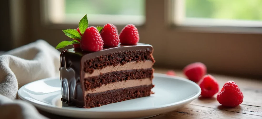 Photo recette gateau montrant une tranche de layer cake chocolat-framboise en lumière naturelle, posée sur une assiette blanche avec un arrière-plan en bois clair