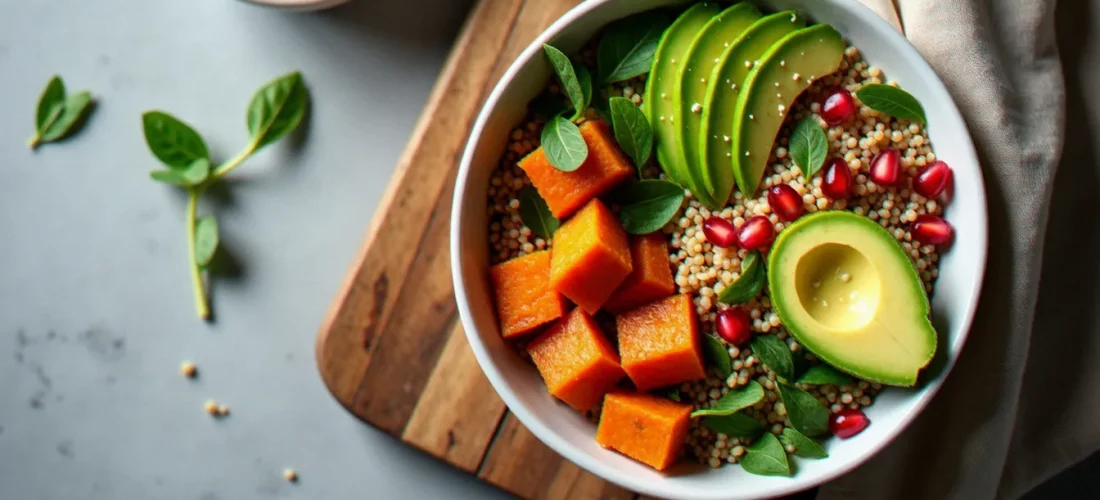 Photo recette healthy vue du dessus d'un bowl de quinoa avec patate douce rôtie, avocat et grenade sur planche en bois naturel, lumière naturelle douce