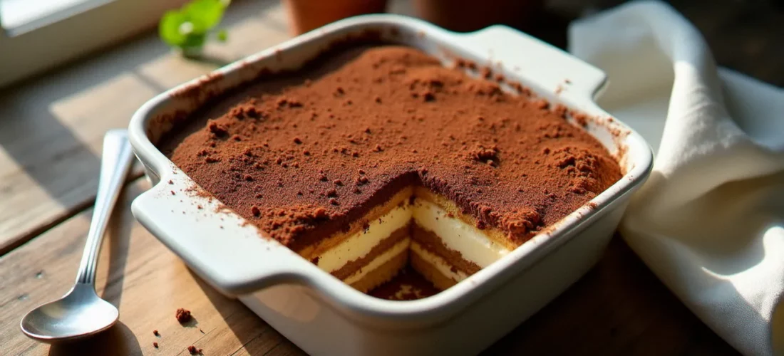 Photo recette tiramisu servi dans un plat en céramique blanche, saupoudré de cacao, éclairé en lumière naturelle latérale sur une table en bois